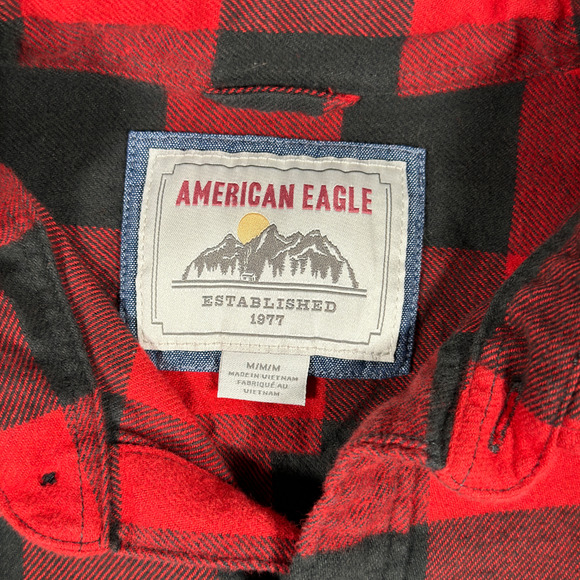 American Eagle Shirt Adult MEDIUM Red Black Buffalo Plaid Flannel Lumberjack - Picture 4 of 11